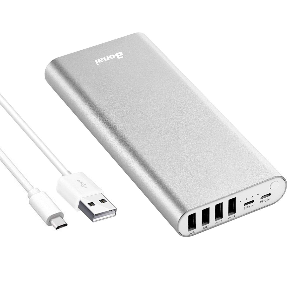 BONAI Cargador portátil de 20000 mAh, 4 salidas USB, polímero de aluminio,  cargador de batería portátil de 2.0 A, entrada máxima compatible con iPhone