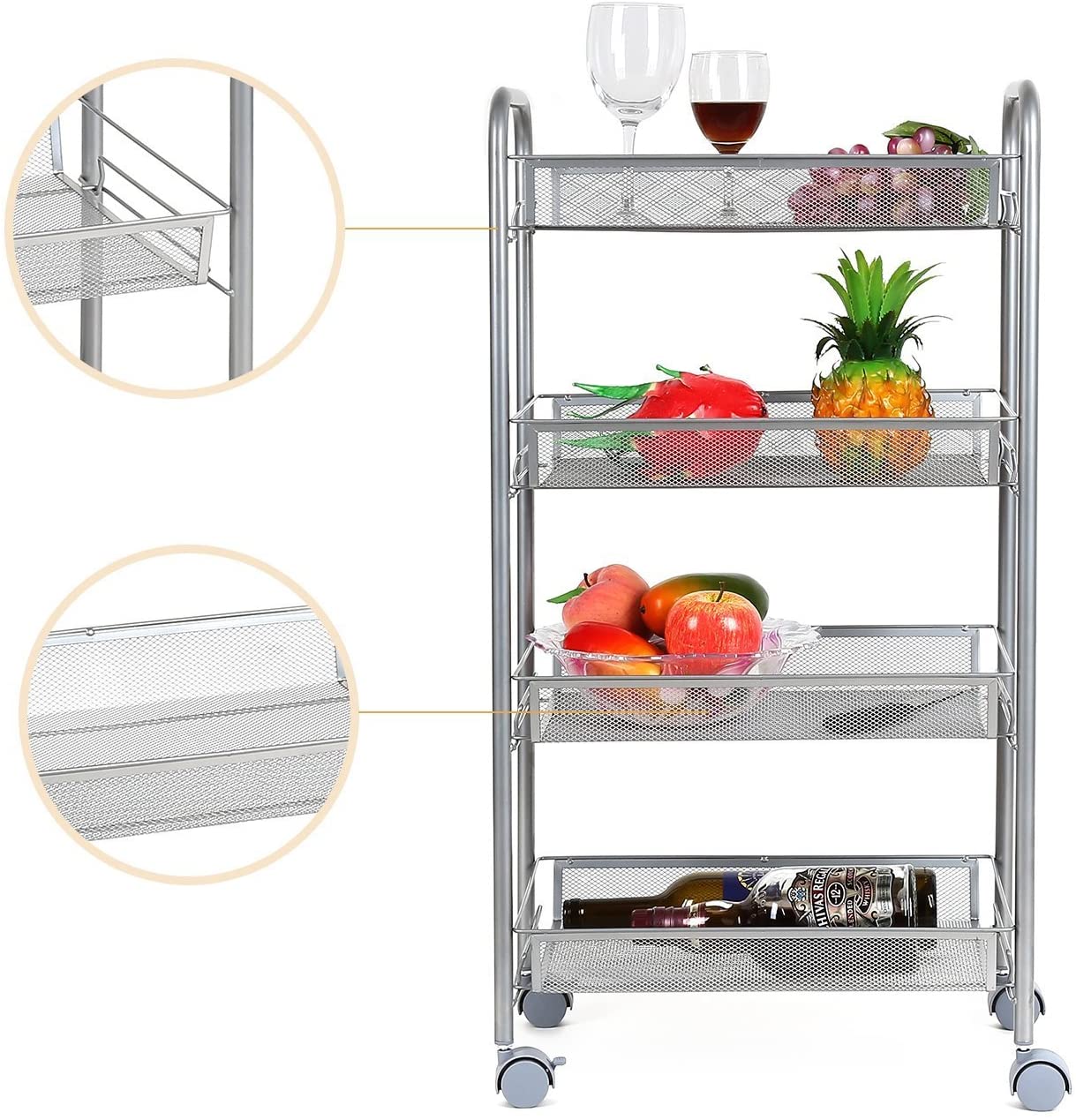 Carro verdulero de cocina metálico, 4 bandejas, estantería con ruedas para  almacenamiento de frutas, verduras, gris, 84 x 40 x 2