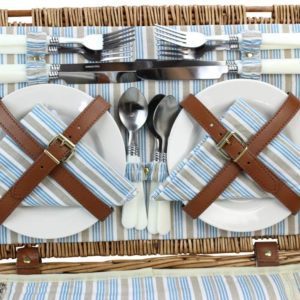  Juego de cestas de mimbre para picnic para 4 personas, cesta  grande de sauce con compartimento enfriador aislado grande, manta  impermeable y kit de servicio de cubiertos, color marrón clásico 