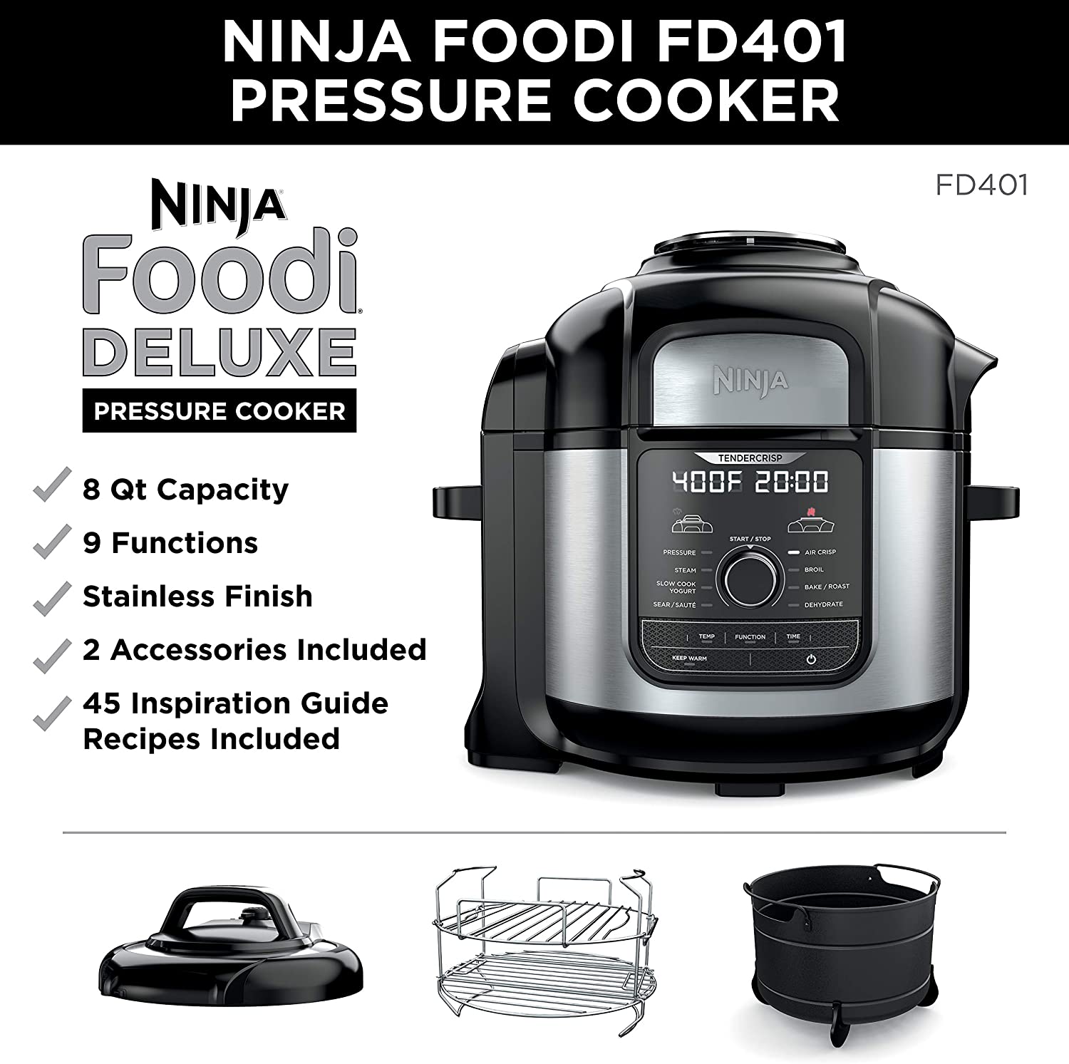 Olla de 5/6.5/8 cuartos de galón Ninja FD401 Foodi – Olla Deluxe XL de  acero inoxidable 9 en 1, olla a presión, freidora de aire – VastaGo