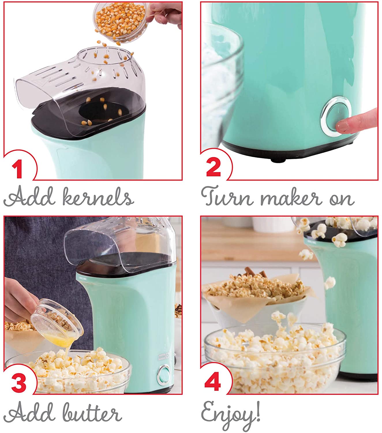 DASH Máquina para hacer palomitas de maíz con taza medidora para porciones  + mantequilla derretida, 16 tazas, color azul sueño
