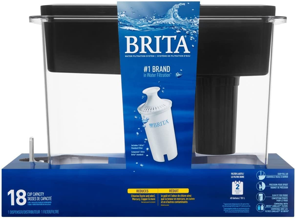 Brita Dispensador de agua filtrada extra grande de 27 tazas con 1 filtro  estándar, fabricado sin BPA, gris (el paquete puede variar) y filtros de