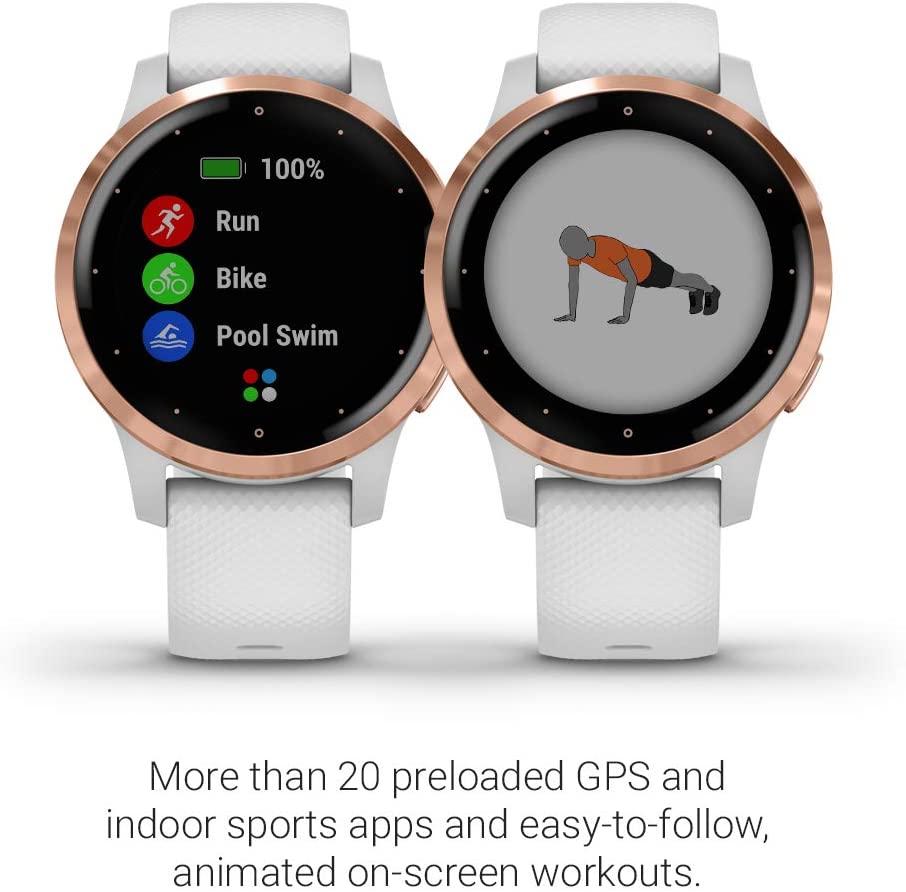  Garmin vivoactive 4S, reloj inteligente GPS de tamaño pequeño,  cuenta con música, monitoreo de energía corporal, entrenamientos animados,  sensores de pulso de buey, oro rosa con banda blanca : Ropa, Zapatos